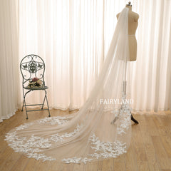 Elegant Tulle Bridal Veil with Intricate Floral Lace Details
