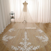 Elegant Champagne Tulle Wedding Veil with Delicate Floral Lace Embroidery