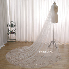 Champagne Floral Appliqué Cathedral Veil – Long Embroidered Tulle Bridal Veil
