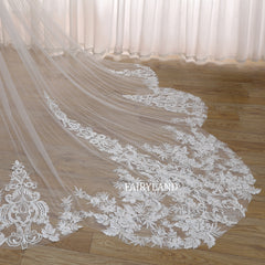 Cathedral Length Lace Appliqué Wedding Veil – Elegant Long Tulle Bridal Veil with Floral Embroidery