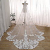 Cathedral Length Lace Appliqué Wedding Veil – Elegant Long Tulle Bridal Veil with Floral Embroidery