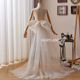 White Tulle Bridal Train with Oversized Lace Bow – Sheer Wedding Photoshoot Gown by FAIRYLAND