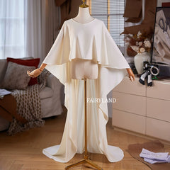 Elegant Flowing Crepe Bridal Cape – Long Wedding Shoulder Cover with Soft Layered Draping