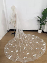 Cathedral Length Wedding Veil with 3D Floral Appliqués – Soft Tulle Romantic Bridal Veil