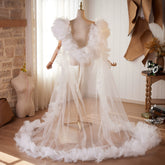 Dramatic Feathered Tulle Bridal Cape Train – Couture Sheer Wedding Overskirt with Soft Ruffle Edge