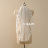 Lace Trim Wedding Veil, Short Fingertip Bridal Veil, Ivory Veil For Wedding