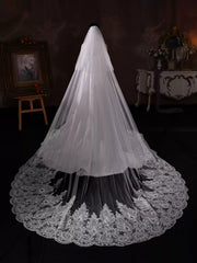 Cathedral Length Lace Wedding Veil with Heavy Embroidered Edge – Elegant Long Bridal Veil