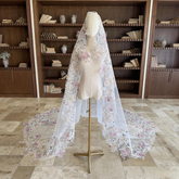 Glamorous Sequin Flower Mantilla Veil. Soft Tulle Flower Trim Wedding Veil. Elegant Bridal Veil with Floral Applique. One Piece Veil.