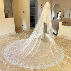 Scallop Edge Beaded Mantilla Veil, Luxury Bridal Hair Piece With Beading, Cathedral Ivory Tulle Veil