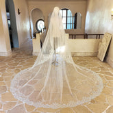 Scallop Edge Beaded Mantilla Veil, Luxury Bridal Hair Piece With Beading, Cathedral Ivory Tulle Veil