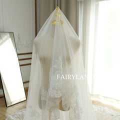Romantic Full Lace Edge Bridal Veil With Blush