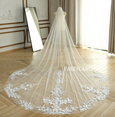 Cathedral Ivory Tiny Flower Lace Veil For Bridal