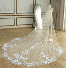 Cathedral Ivory Tiny Flower Lace Veil For Bridal