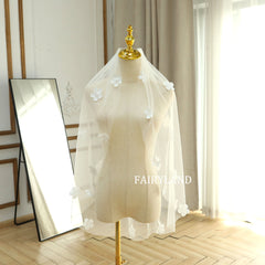 Romantic Fingertip 3D Flower Pearls Bridal Veil