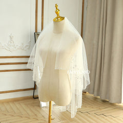 2 Tiers Horsehair Trim Simple Wedding Veil with Blusher