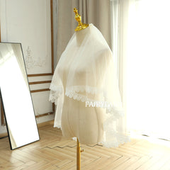 Floral Lace Trim Wedding Short Veil With Blusher