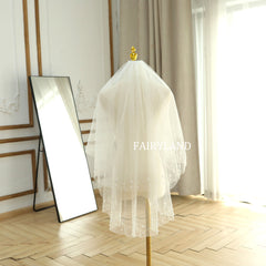 Soft Tulle Fingertip Tiny Flower Pearls Wedding Veil