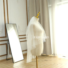 Soft Tulle Fingertip Tiny Flower Pearls Wedding Veil