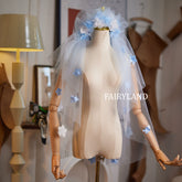 Blue Floral Short Bridal Veil – 3D Flower Embellished Tulle Veil for Romantic Wedding Look