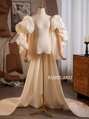 Cream Puffy Sleeve Couture Gown with Flowing Train – Luxury Bridal & Editorial Dress