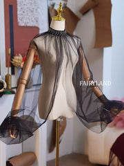 Black Sheer Tulle Cape with Beaded Neckline – Elegant Gothic Bridal & Evening Cover-Up by FAIRYLAND