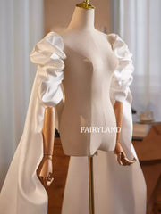 Dramatic Puff Sleeve Bridal Cape – Detachable Satin Train Wrap for Wedding Dress