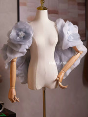 Blue Floral Organza Shoulder Wrap – 3D Flower Puff Cape for Bridal & Photoshoot Styling