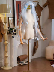 Blue Floral Short Bridal Veil β 3D Flower Embellished Tulle Veil for Romantic Wedding Look