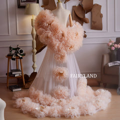 Peach Puffy Layered Tulle Gown β Couture Floral Mesh Dress for Bridal & Editorial Shoots