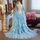 Blue Layered Tulle Puff Sleeve Bridal Cape – Dreamy Sheer Organza Robe for Photoshoots & Weddings