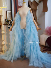 Blue Layered Tulle Puff Sleeve Bridal Cape – Dreamy Sheer Organza Robe for Photoshoots & Weddings
