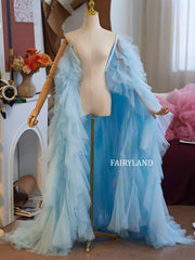 Blue Layered Tulle Puff Sleeve Bridal Cape – Dreamy Sheer Organza Robe for Photoshoots & Weddings