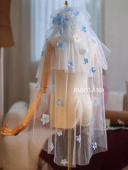Blue Floral Short Bridal Veil β 3D Flower Embellished Tulle Veil for Romantic Wedding Look