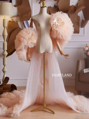Peach Puffy Layered Tulle Gown β Couture Floral Mesh Dress for Bridal & Editorial Shoots