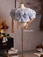 Blue Floral Organza Shoulder Wrap – 3D Flower Puff Cape for Bridal & Photoshoot Styling