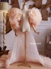Peach Puffy Layered Tulle Gown β Couture Floral Mesh Dress for Bridal & Editorial Shoots