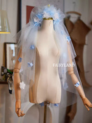 Blue Floral Short Bridal Veil β 3D Flower Embellished Tulle Veil for Romantic Wedding Look