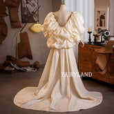 Cream Puffy Sleeve Couture Gown with Flowing Train – Luxury Bridal & Editorial Dress