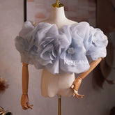 Blue Floral Organza Shoulder Wrap – 3D Flower Puff Cape for Bridal & Photoshoot Styling