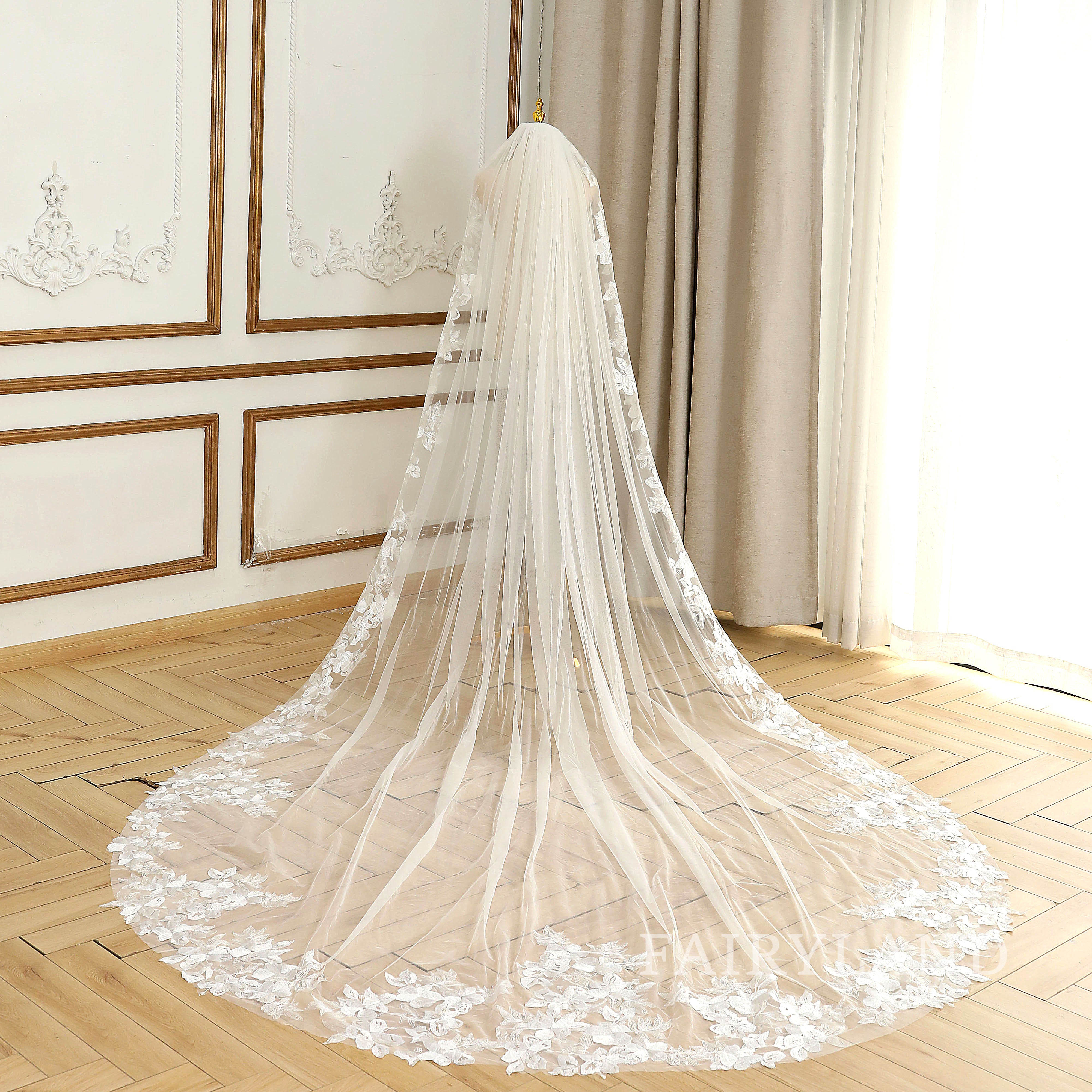 Full Lace edge Bridal Veil Leaves Wedding Veil Elegant Blush Veil