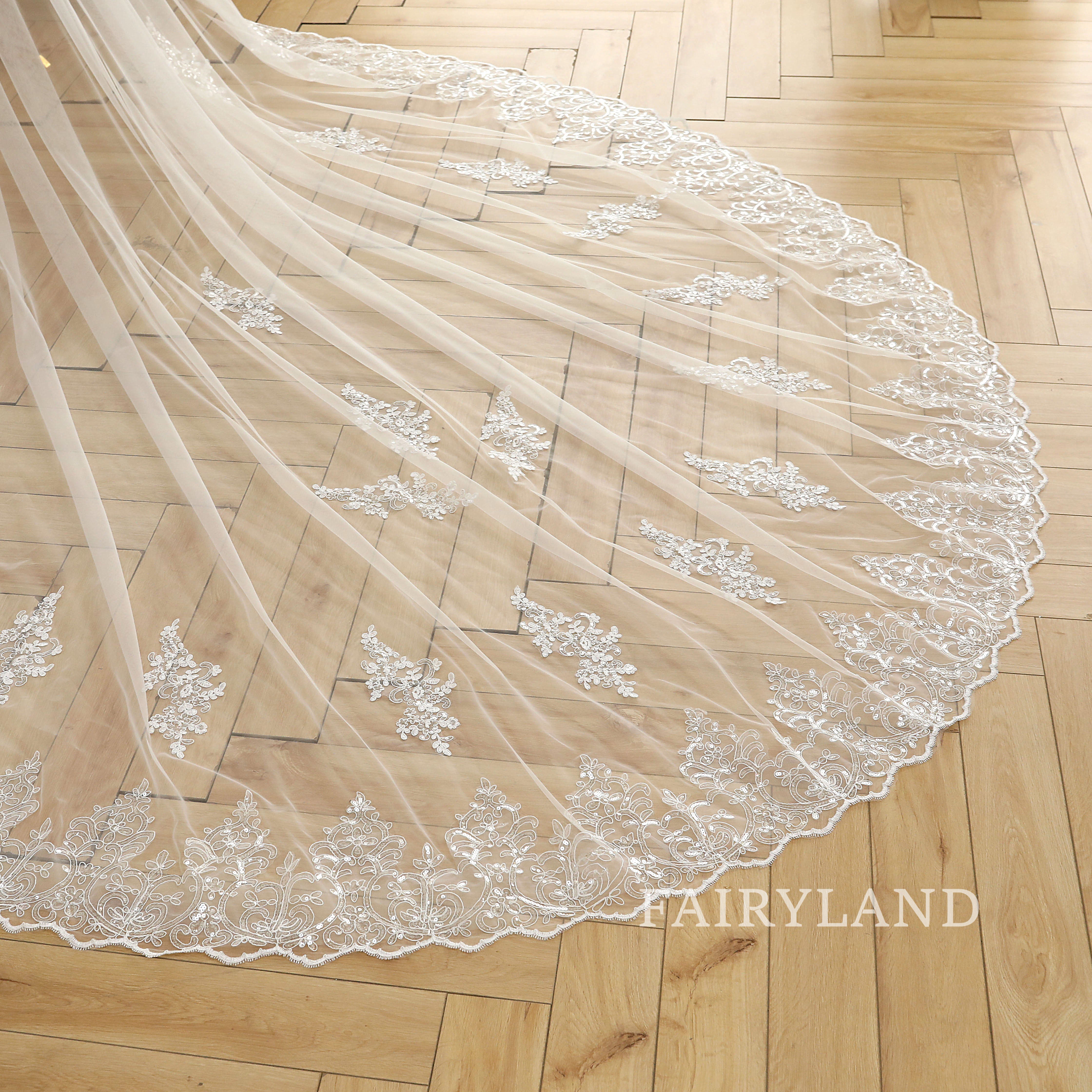 Cathedral Glitter Edge Flower Blush Wedding Veil For Bridal