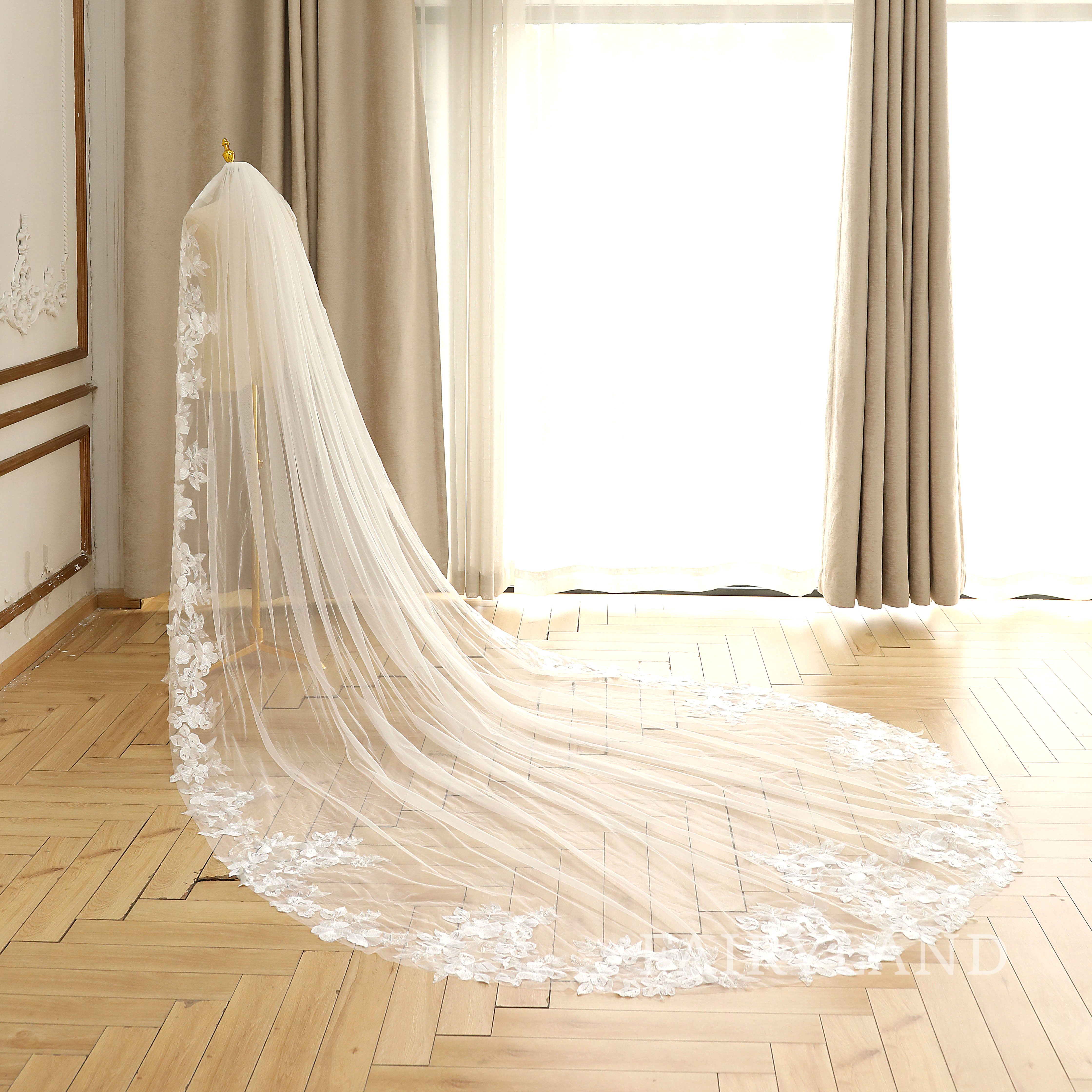 Full Lace edge Bridal Veil Leaves Wedding Veil Elegant Blush Veil