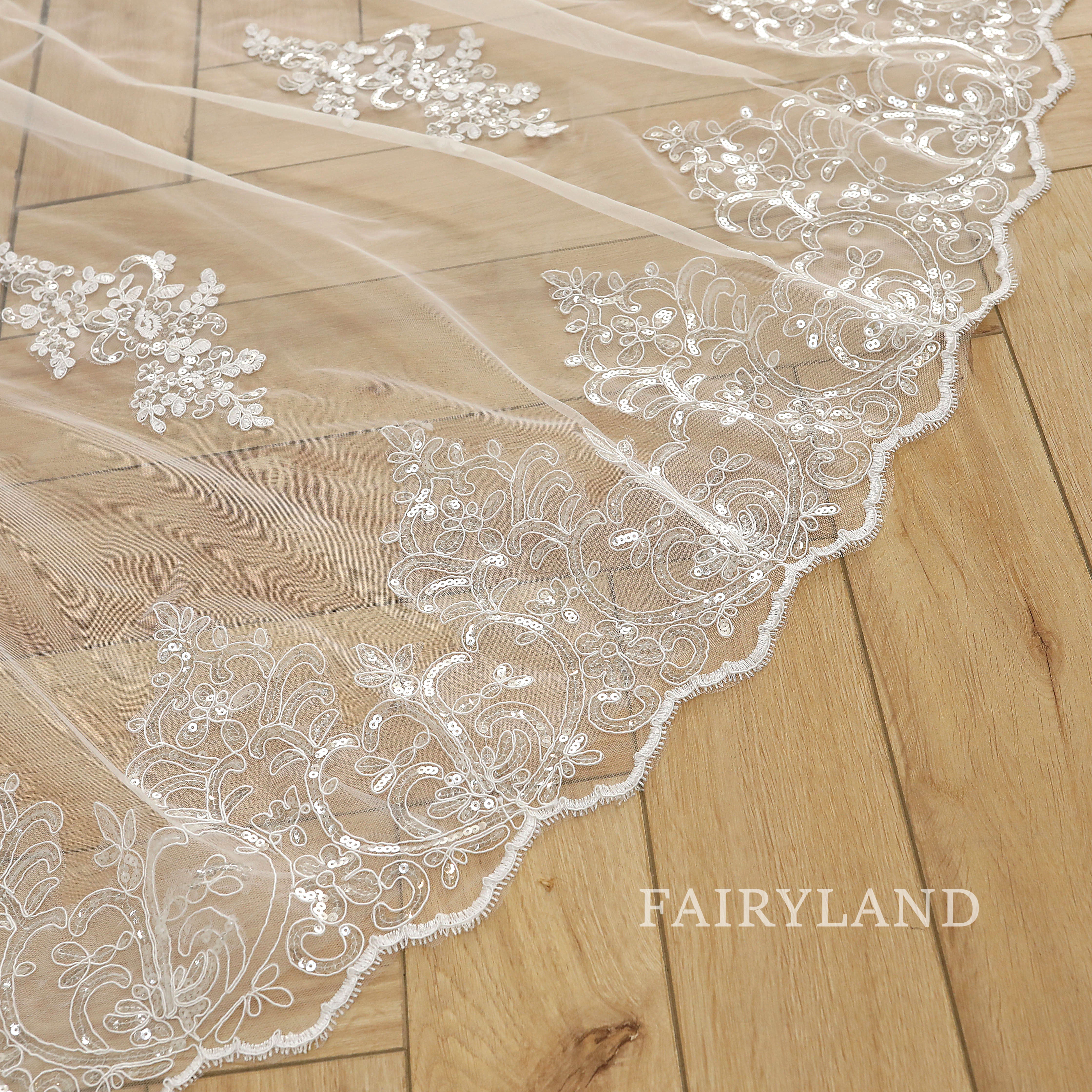 Cathedral Glitter Edge Flower Blush Wedding Veil For Bridal