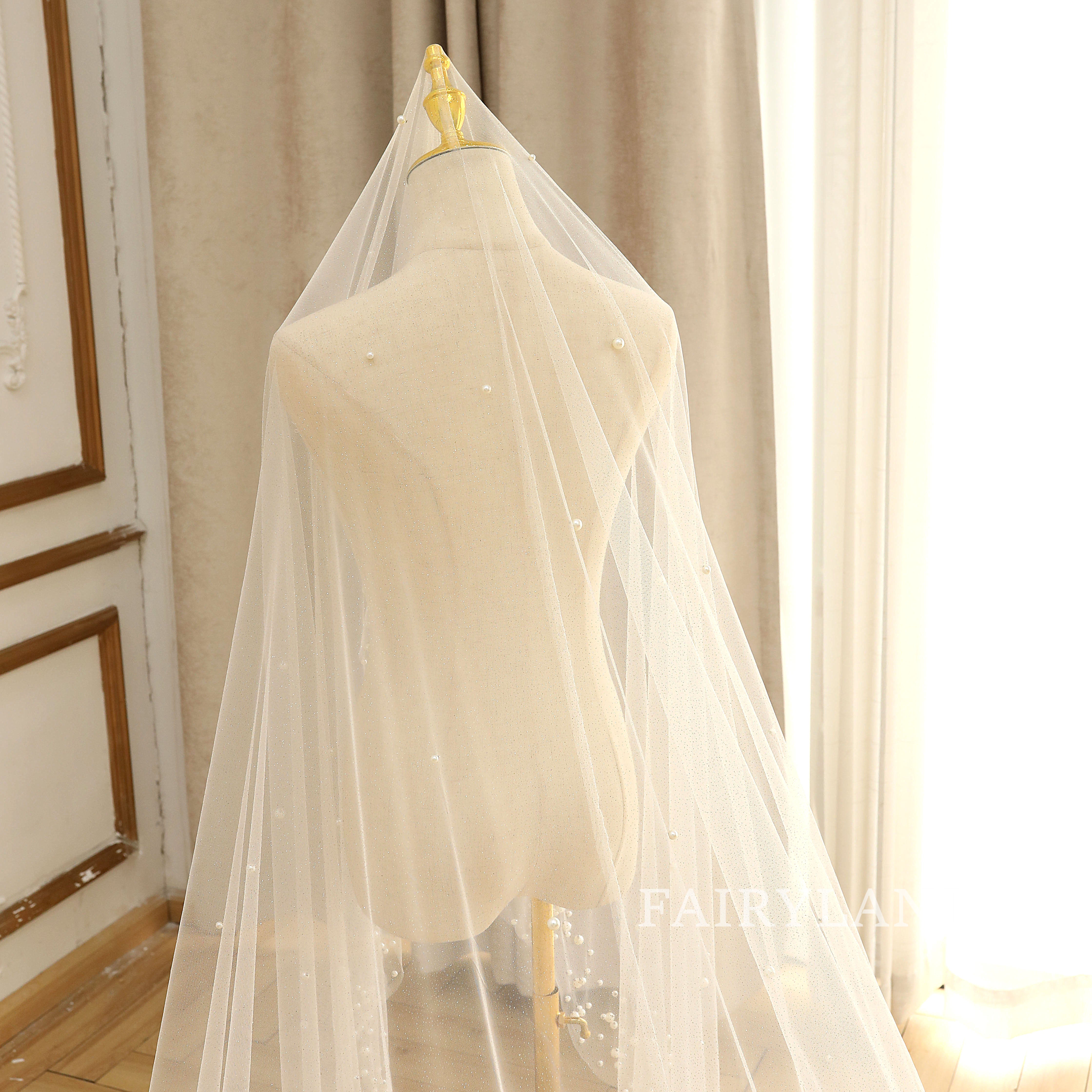 Pearls Edge Elegant Long Wedding Veil Blush Veil