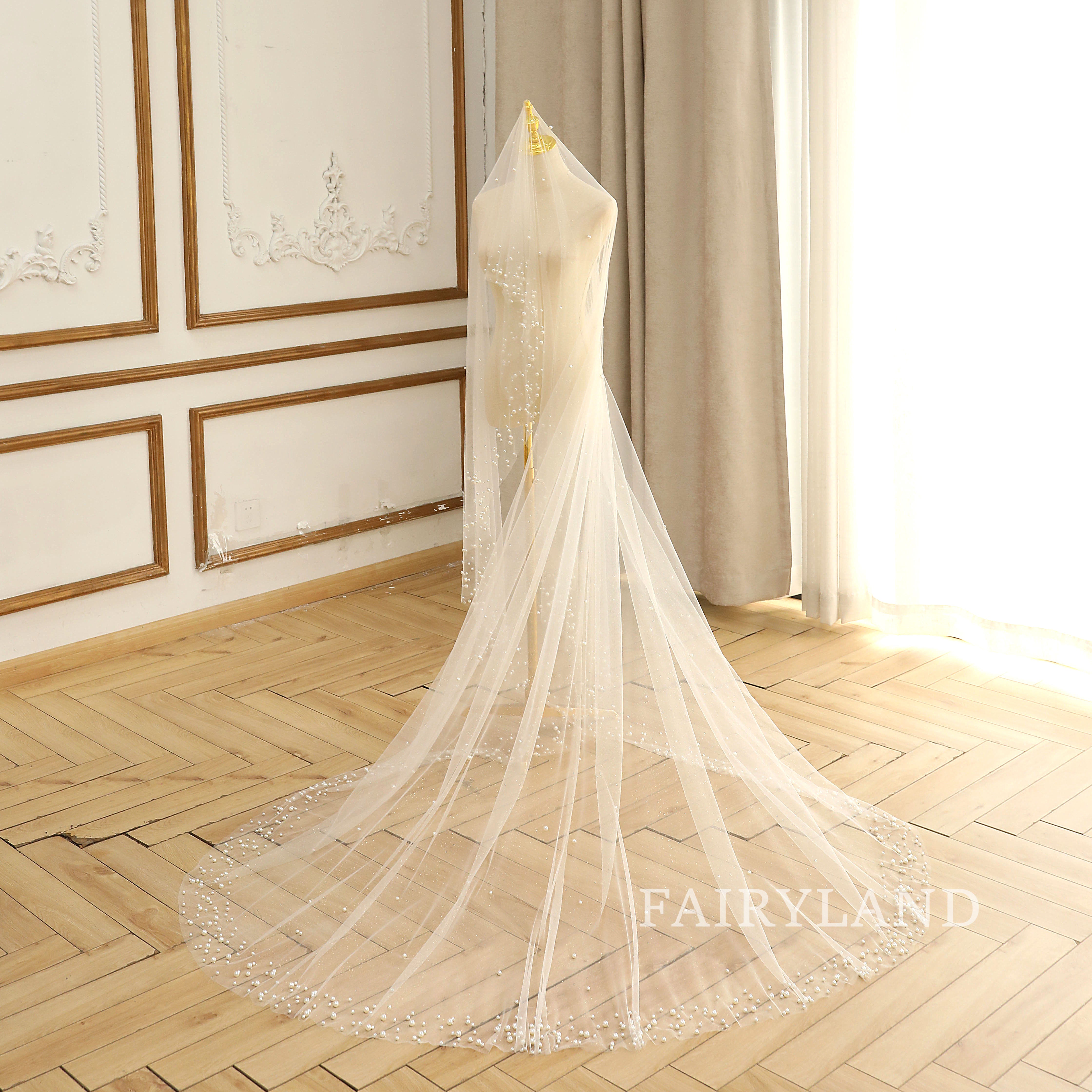 Pearls Edge Elegant Long Wedding Veil Blush Veil