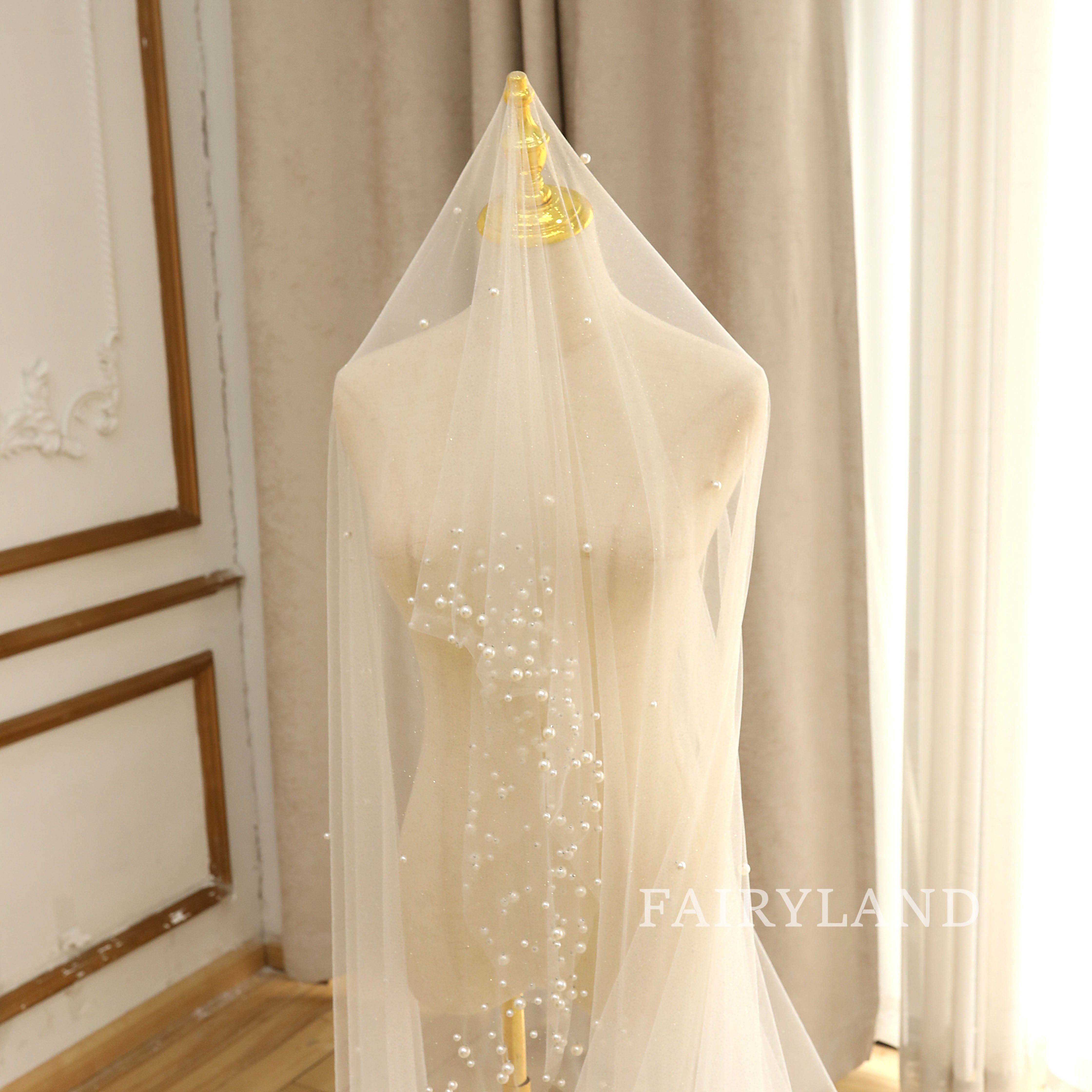 Pearls Edge Elegant Long Wedding Veil Blush Veil