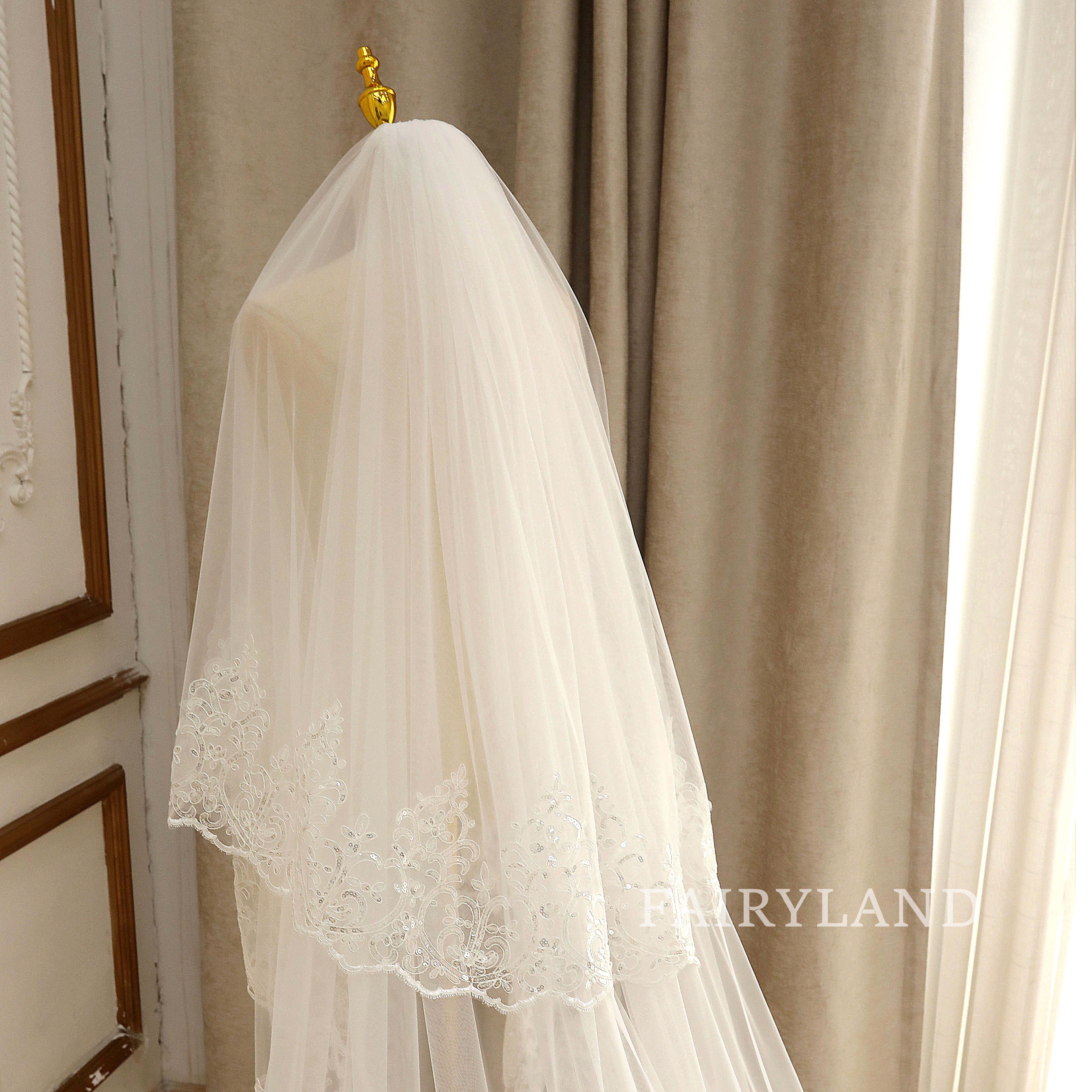 Cathedral Glitter Edge Flower Blush Wedding Veil For Bridal
