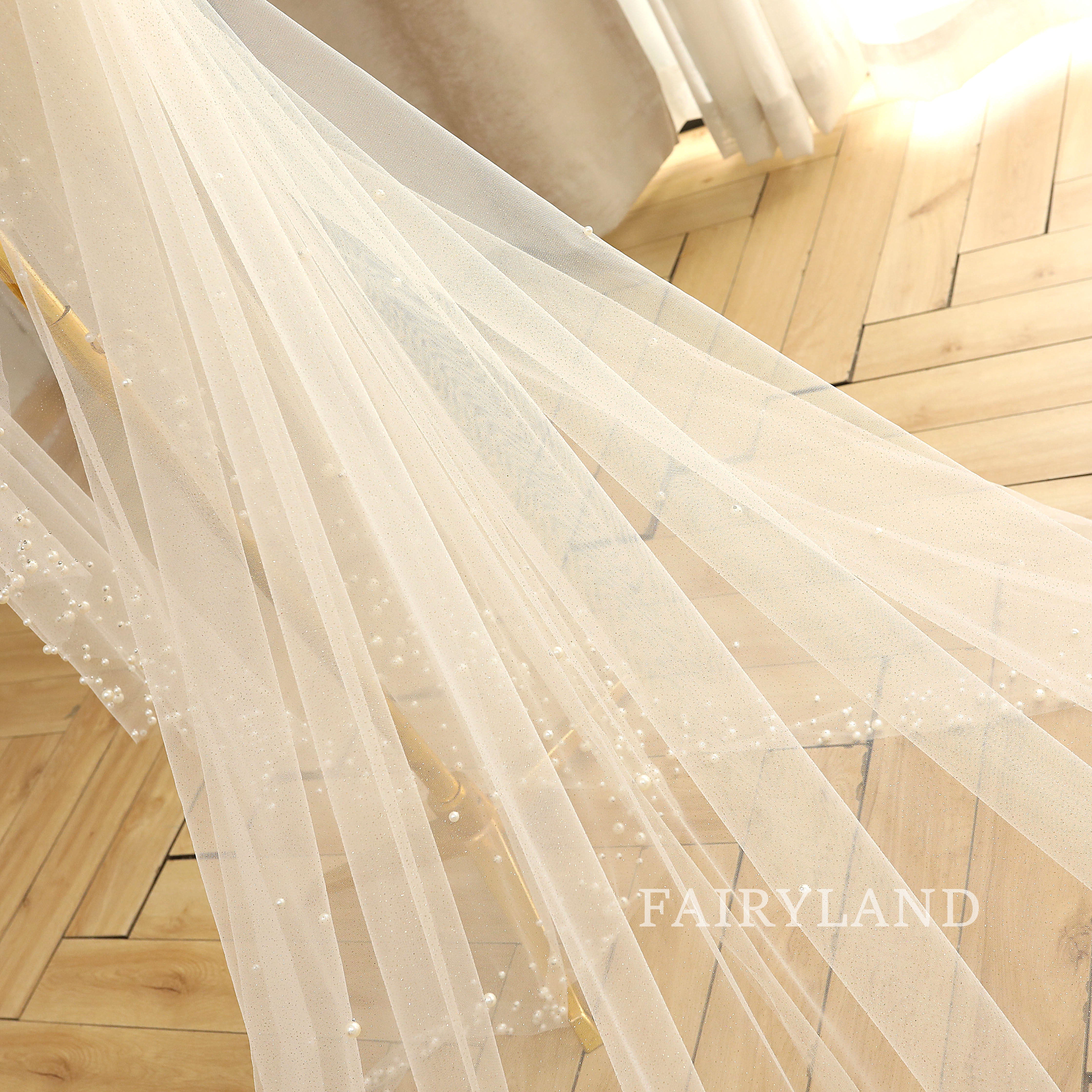 Pearls Edge Elegant Long Wedding Veil Blush Veil
