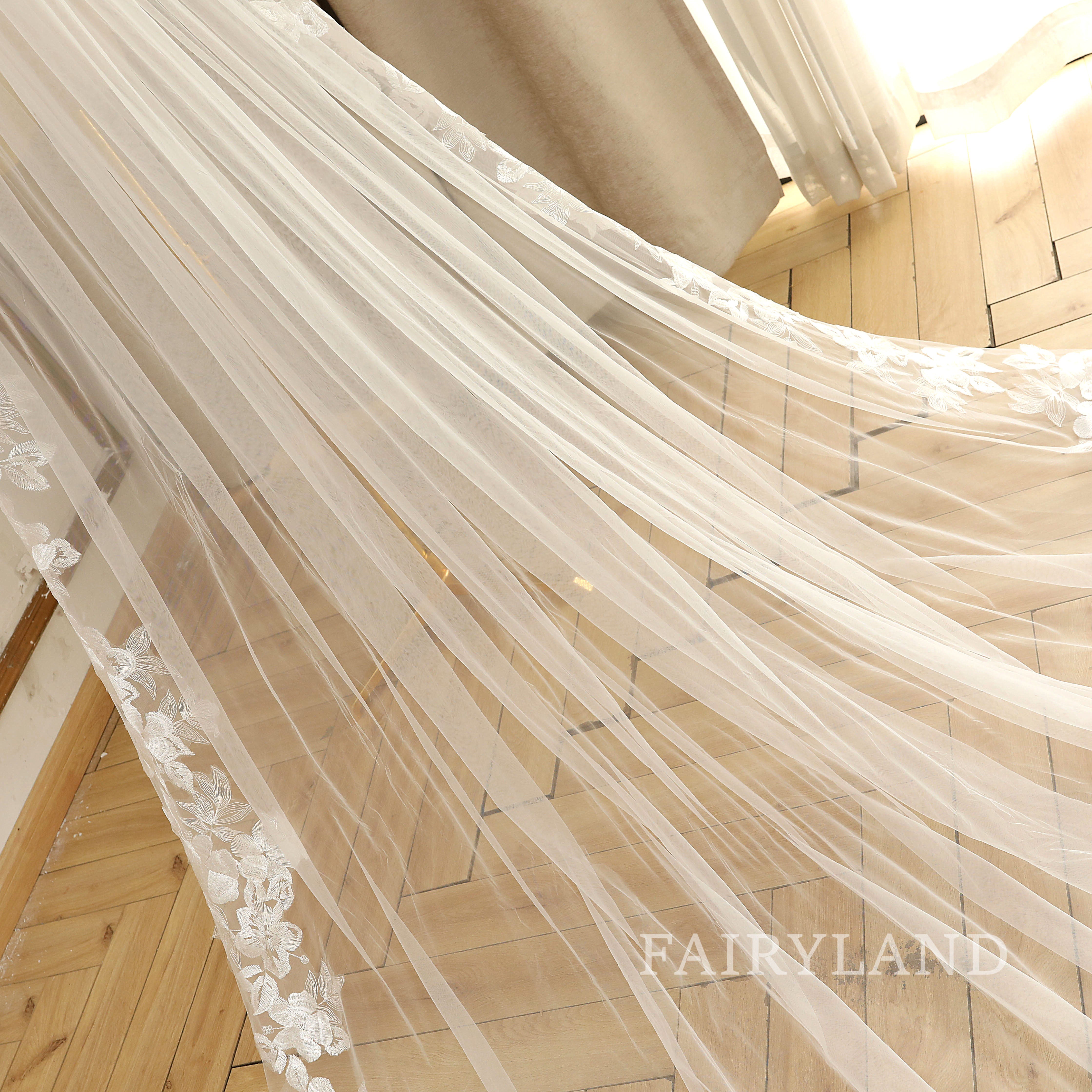 Full Lace edge Bridal Veil Leaves Wedding Veil Elegant Blush Veil