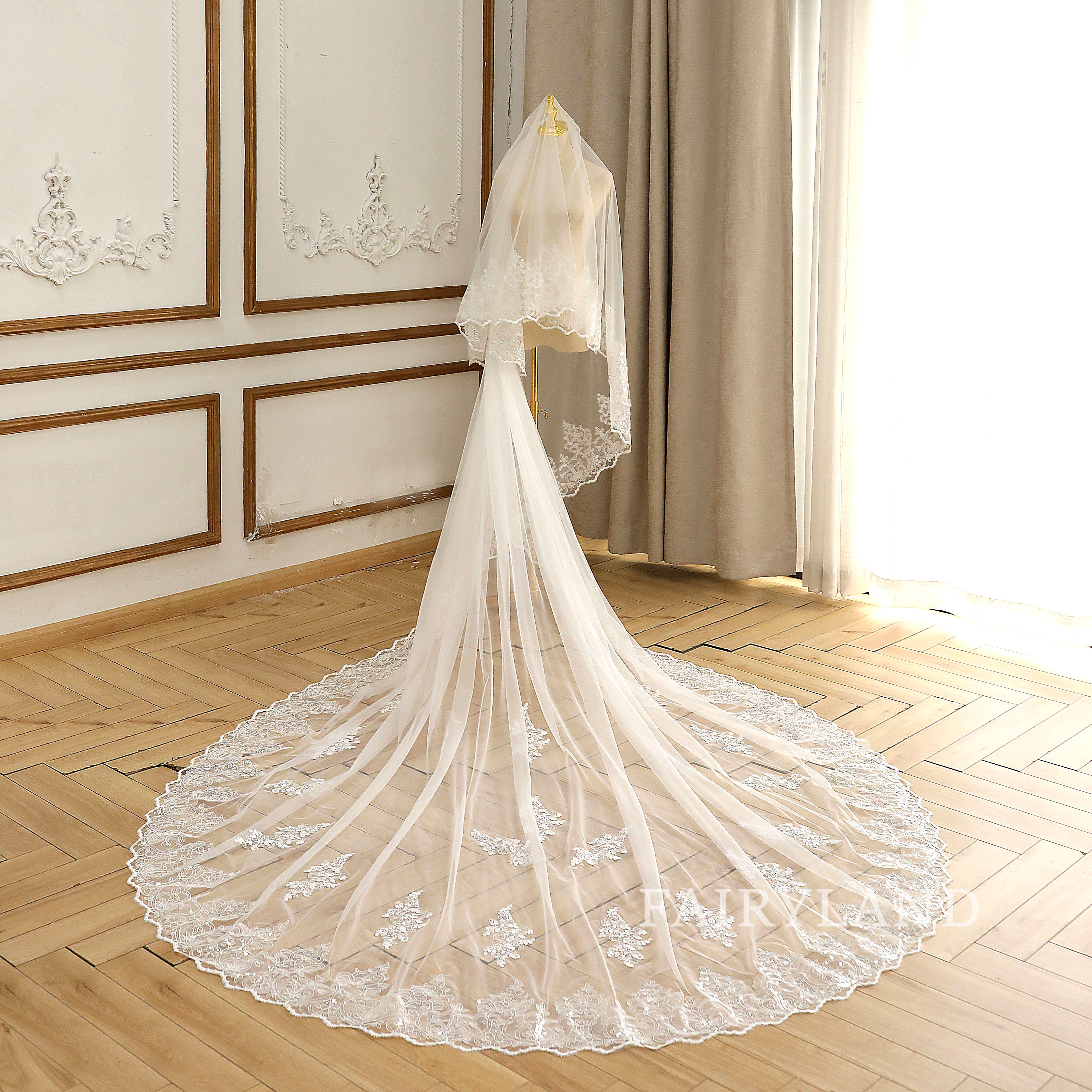 Cathedral Glitter Edge Flower Blush Wedding Veil For Bridal